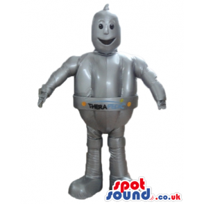 Grey robot with small black eyes and a logo on the belly -