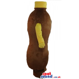 Brown bottle with brown feet, yellow cap and yellow arms -