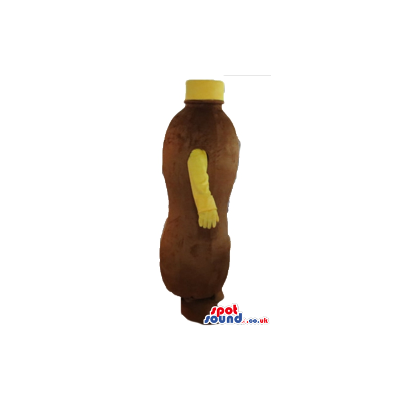 Brown bottle with brown feet, yellow cap and yellow arms -