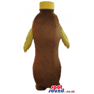 Brown bottle with brown feet, yellow cap and yellow arms -