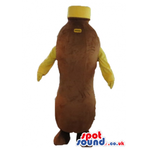 Brown bottle with brown feet, yellow cap and yellow arms -