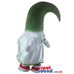 Green mascot costume with big eyes and a big open mouth wearing