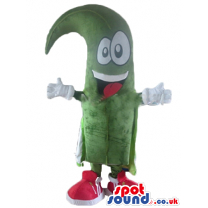 Green mascot costume with big eyes and a big open mouth wearing