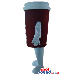 Brown paper cup with a white lid, arms and legs - Custom Mascots