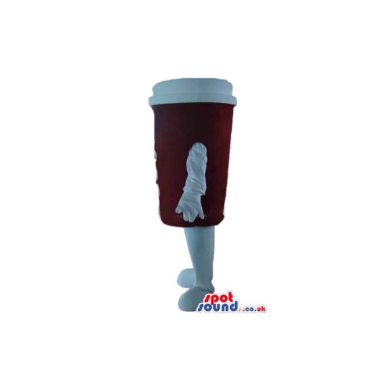 Brown paper cup with a white lid, arms and legs - Custom Mascots