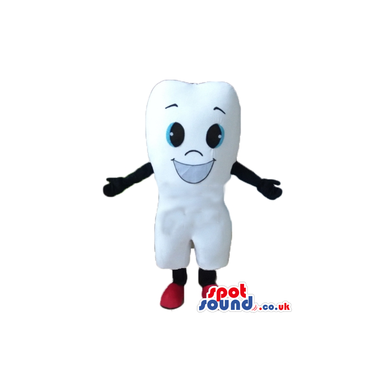 Smiling white tooth with black arms and legs and red shoes -