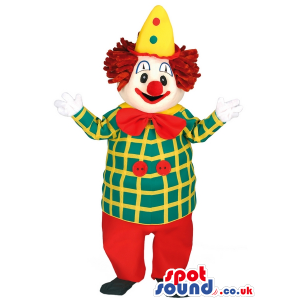 Clown Mascot With Red Bow Wearing A Green And Yellow Jacket -