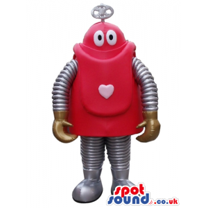 Red robot with big round eyes, silver arms, legs and feet and