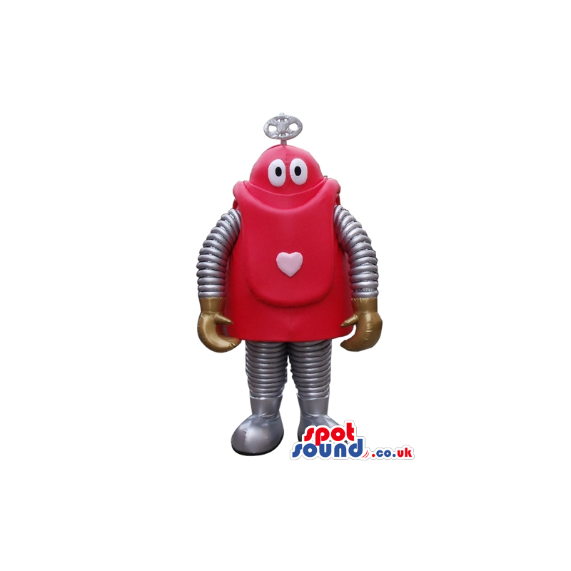 Red robot with big round eyes, silver arms, legs and feet and