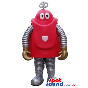Red robot with big round eyes, silver arms, legs and feet and