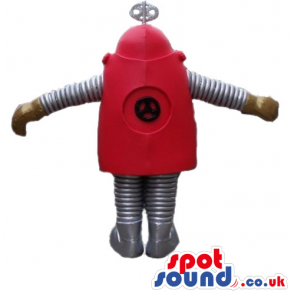 Red robot with big round eyes, silver arms, legs and feet and