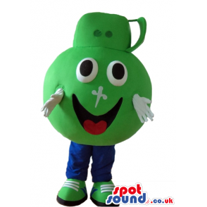 Green ball with big eyes, a big mouth and a white nose wearing
