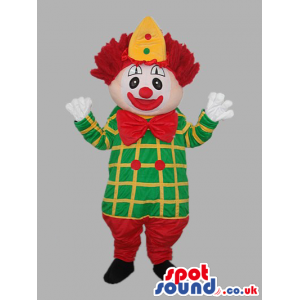 Clown Mascot With Red Bow Wearing A Green And Yellow Jacket -