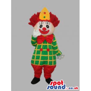 Clown Mascot With Red Bow Wearing A Green And Yellow Jacket -