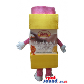 Smiling yellow package of food sticking its mouth out with pink