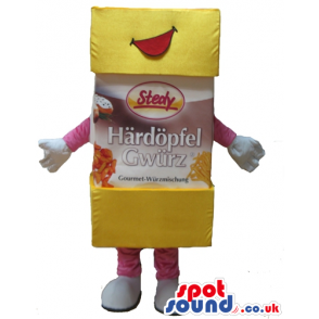 Smiling yellow package of food sticking its mouth out with pink