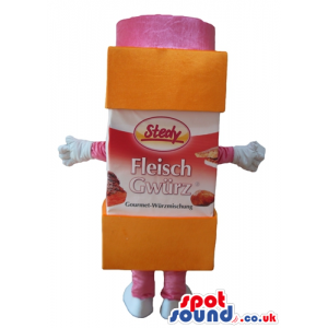 Smiling orange package of food with pink head, arms and legs