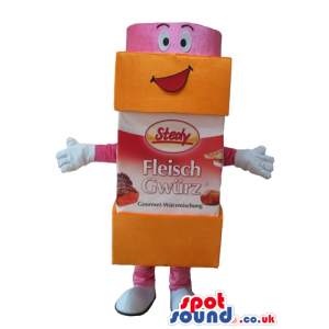 Smiling orange package of food with pink head, arms and legs