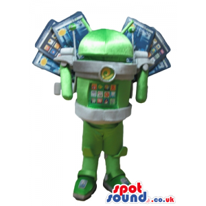 Green robot with a grey waist carrying cellphones in his back -