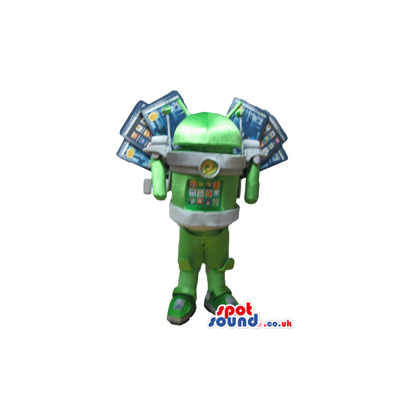 Green robot with a grey waist carrying cellphones in his back -