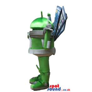 Green robot with a grey waist carrying cellphones in his back -