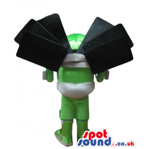 Green robot with a grey waist carrying cellphones in his back -