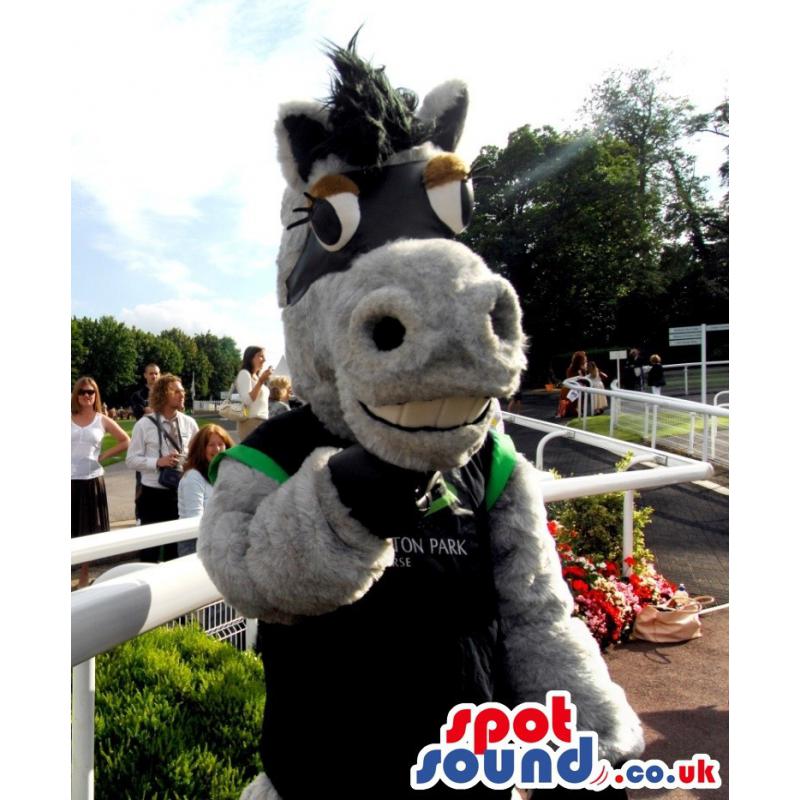Big grey happy donkey mascot with a black colour t-shirt