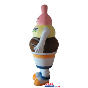 White, brown, pink, orange and blue bottle of dairy product -