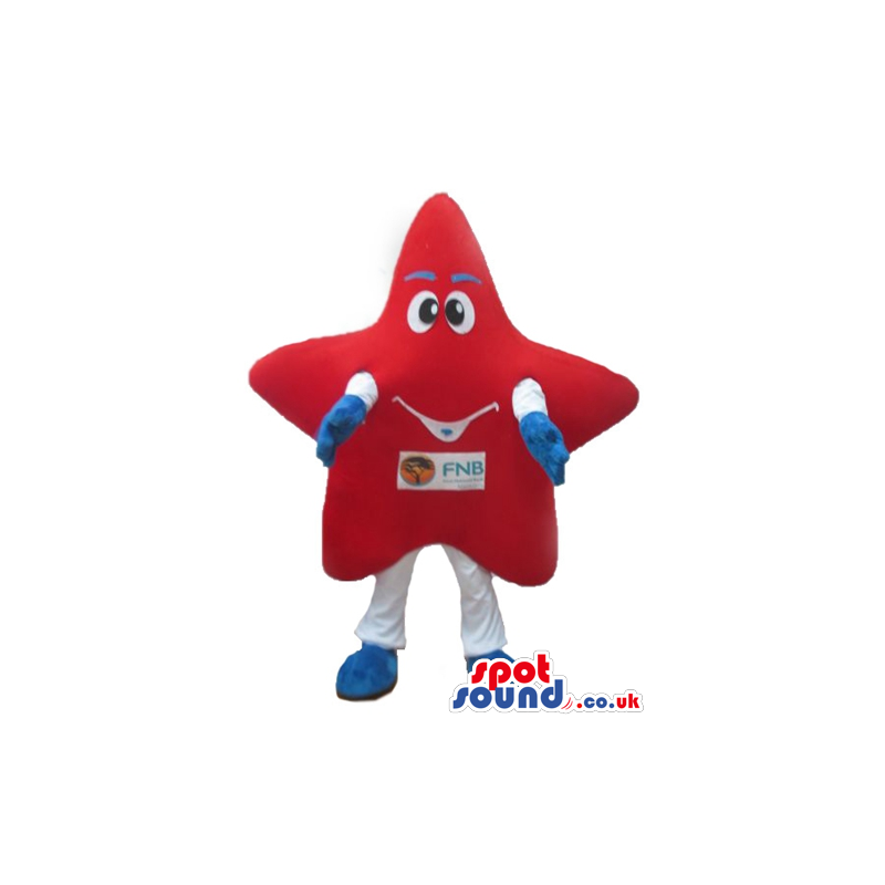 Red star with a silly face, white arms and legs and blue hands