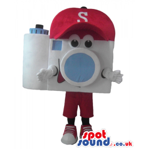 White and light-blue camera with big eyes wearing a red cap