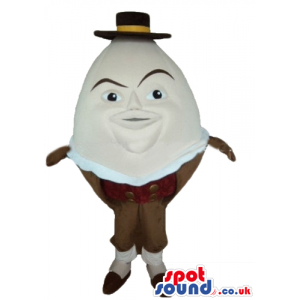 Humpty dumpty wearing a black and yellow hat, brown trousers