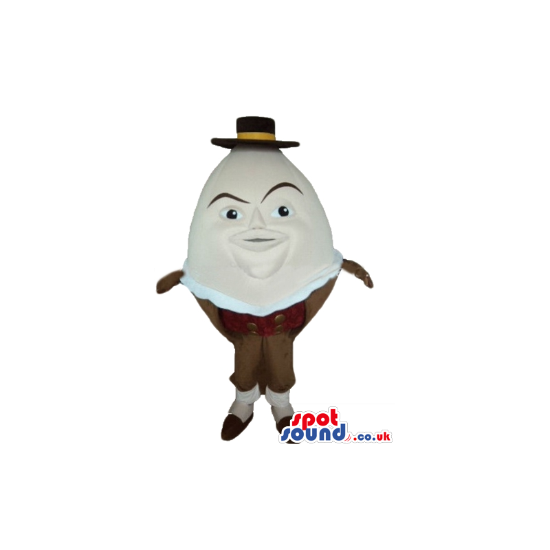 Humpty dumpty wearing a black and yellow hat, brown trousers