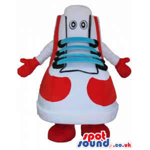Red and white trainer with small round eyes, red gloves and red