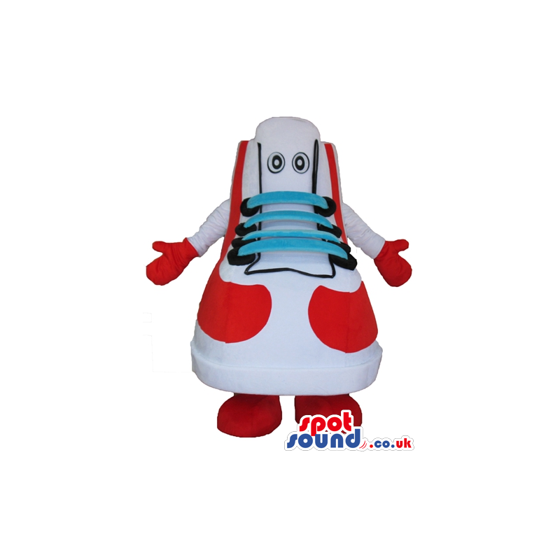 Red and white trainer with small round eyes, red gloves and red