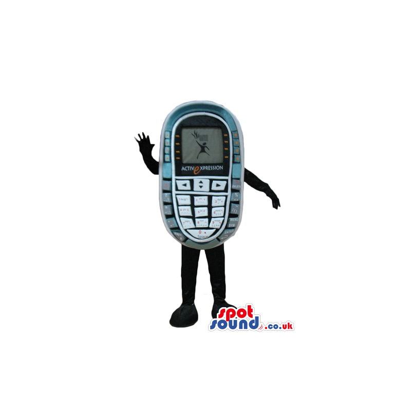 Grey cellphone with a grey screen, black arms and black legs -