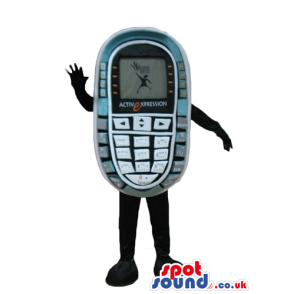 Grey cellphone with a grey screen, black arms and black legs -