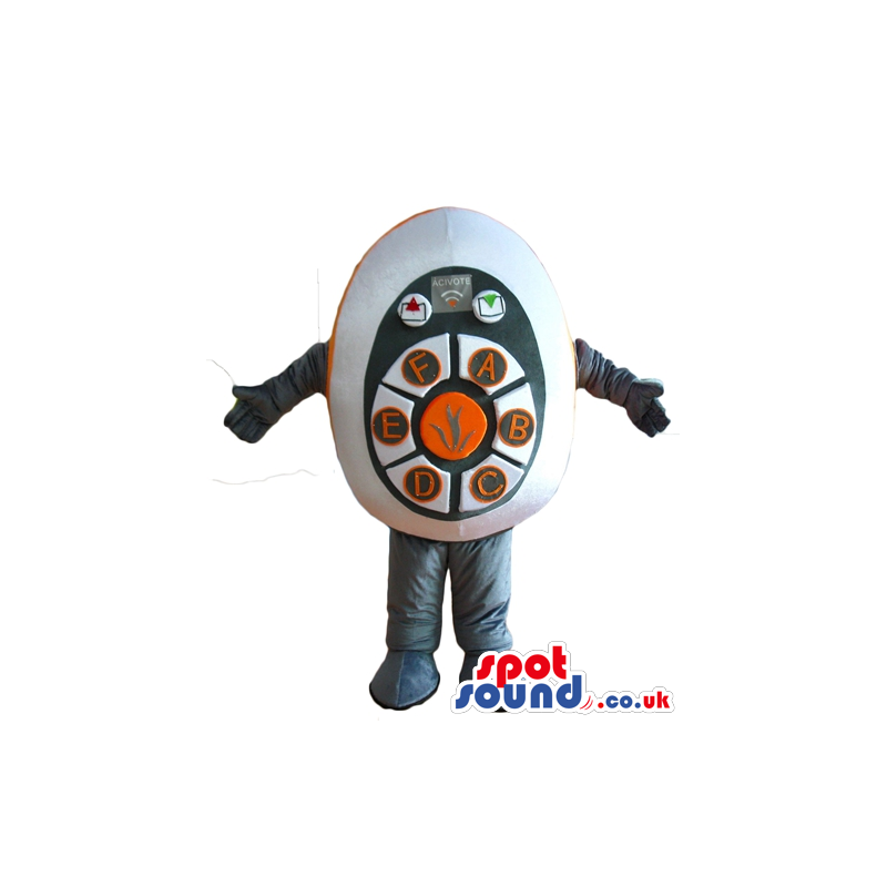 Oval digital device with an orange button in the middle and