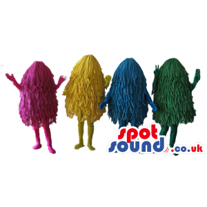 Four hairy yellow, pink, green and blue mascot costumes -