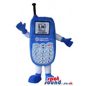 Blue cellphone with a black and white screen, white arms and