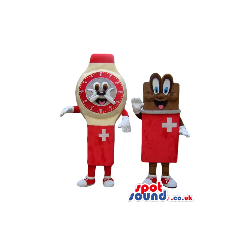 Red and beige wrist watch with a swiss flag and a brown