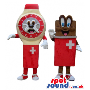 Red and beige wrist watch with a swiss flag and a brown