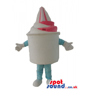 White and pink icecream in a white pot with light-blue arms and