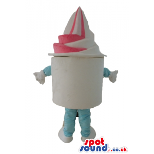 White and pink icecream in a white pot with light-blue arms and