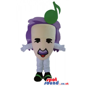 Einstein face with purple hair with a green musical note on the