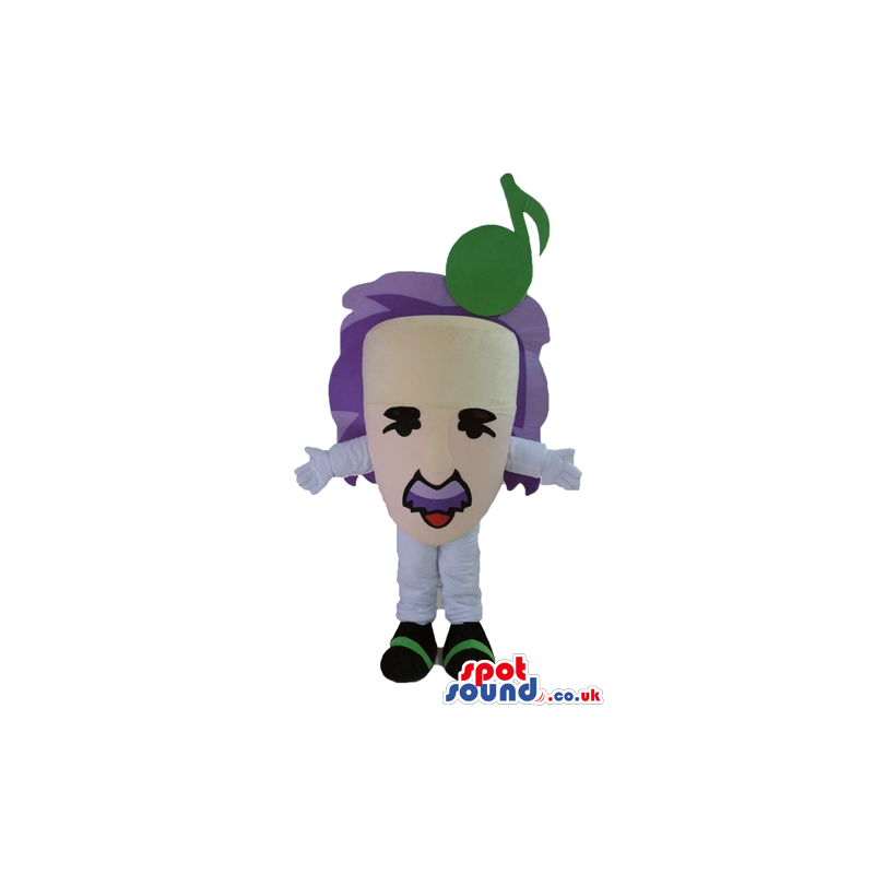 Einstein face with purple hair with a green musical note on the