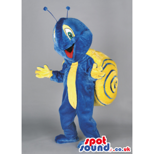 Blue Snail Mascot With A Yellow Tie And Shell And Antennae -