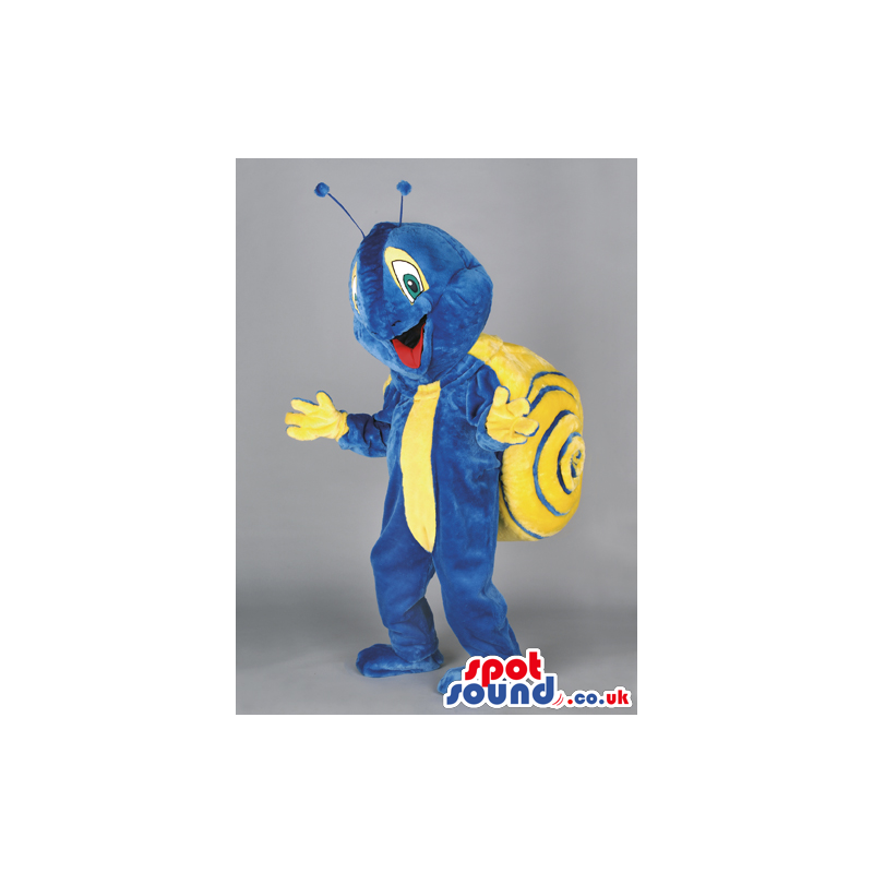 Blue Snail Mascot With A Yellow Tie And Shell And Antennae -