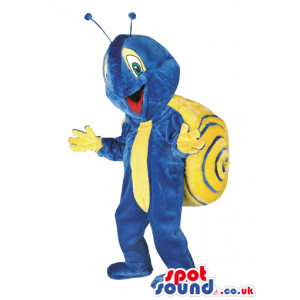 Blue Snail Mascot With A Yellow Tie And Shell And Antennae -