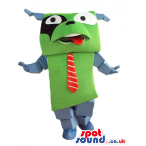 Green dog with a green face and awhite and a black spot round