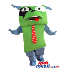 Green dog with a green face and awhite and a black spot round